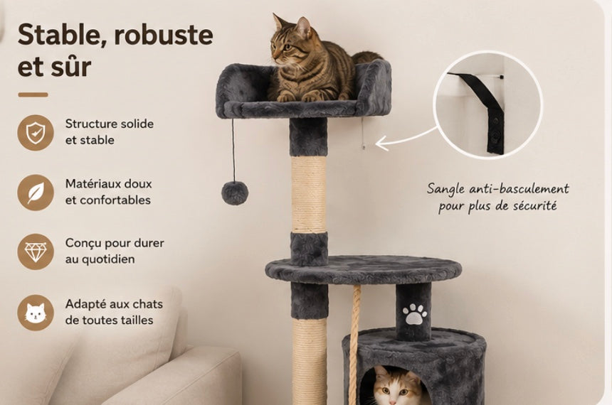 Arbre à Chat avec Niches et Jouets – Gris foncé