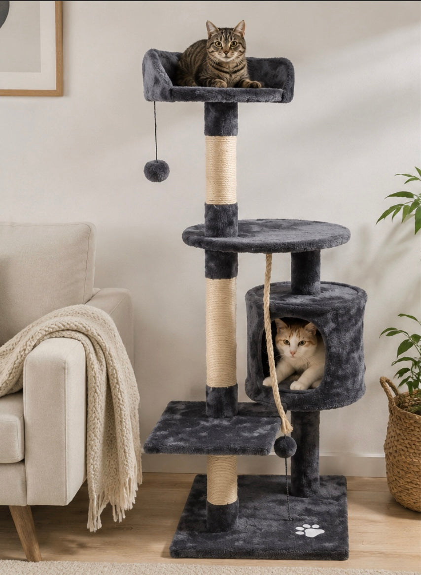 Arbre à Chat avec Niches et Jouets – Gris foncé