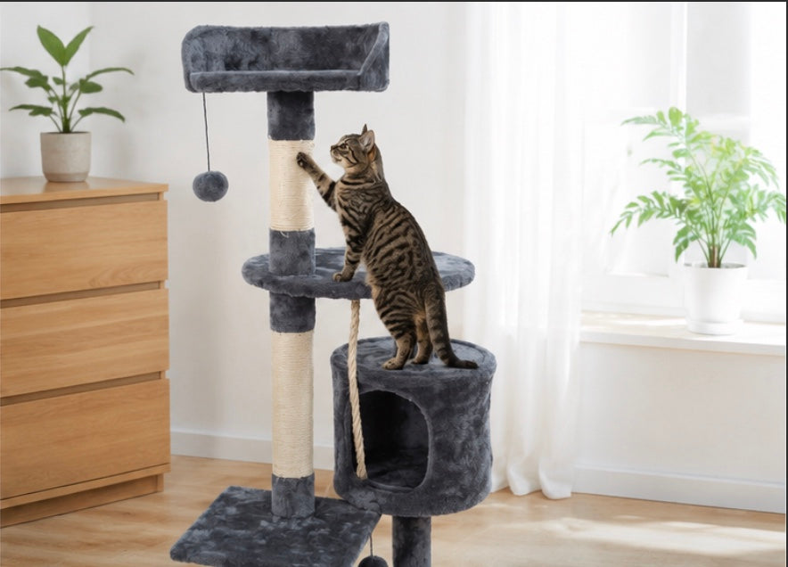 Arbre à Chat avec Niches et Jouets – Gris foncé