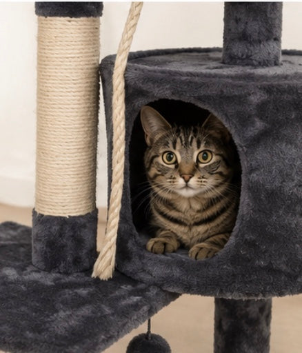 Arbre à Chat avec Niches et Jouets – Gris foncé